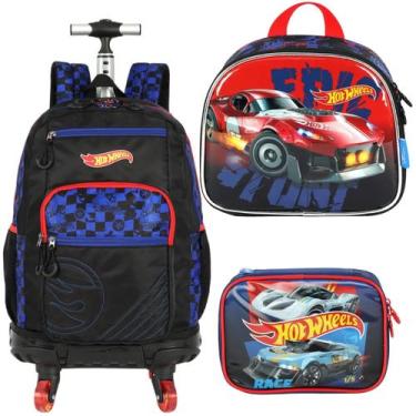 Imagem de Kit Mochila 4rodas Estojo Lancheira Bolsa Rodinha Hot Wheels - Luxcel,