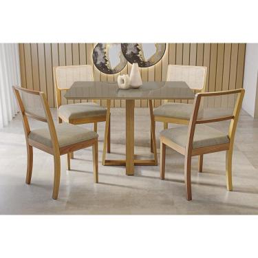 Imagem de Conjunto Mesa Elma Premium Madeira Maciça c/ Tampo Madeirado c/ Vidro 120x80cm e 4 Cade...