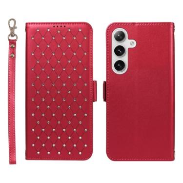 Imagem de Jcxtrombulous Capa carteira para Samsung Galaxy S24 Plus/S25 Plus com bloqueio RFID, compartimentos para cartão e suporte | Capa fólio de couro PU com alça de cordão - Capa vermelha para Galaxy S24