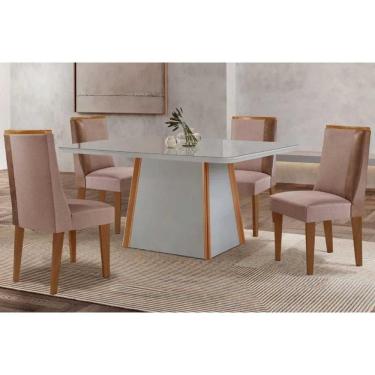 Imagem de Conjunto: Mesa Sala Jantar Tilia Curvo 120cm + 4 Cadeiras Tilia Madeira Naturale/Off White - Capuccino/Linho Capuccino - Rufato