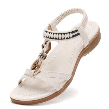 Imagem de Littleplum Sandálias femininas confortáveis com suporte de arco, sapatos de caminhada de verão, casuais, elásticos, chinelos de dedo, Chic Cream White, 36
