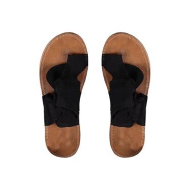 Imagem de OYOANGLE Sandálias femininas coloridas com nó de laço e bico deslizante, confortável, bico aberto, sapatos de praia de verão, Preto, 40