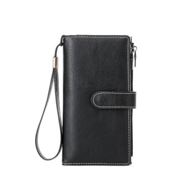 Imagem de Carteira feminina de couro PU com bloqueio de RFID – Bifold fina com 16 compartimentos para cartão e bolso com zíper, bolsa de designer compacta com design de zíper duplo suave, Preto