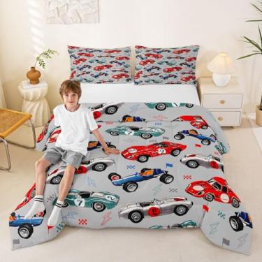 Imagem de jejeloiu Conjunto de edredom de carro de corrida infantil, tamanho Queen, caminhões de corrida, cinza e vermelho, azul, para quarto de meninos e meninas, com bandeira relâmpago, macio, respirável