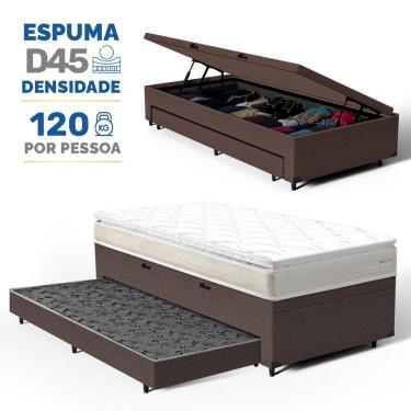 Imagem de Cama Box Baú com Colchão de Espuma D45 Pillow Top Ortopédico Domo + Auxiliar Solteiro 88cm