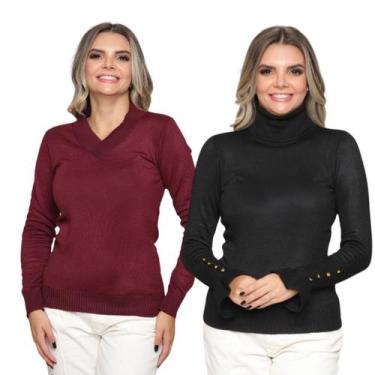Imagem de Kit 2 Blusas Feminina de Tricô Manga Longa Cacharrel Moda Casual Inver