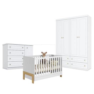 Imagem de Quarto de Bebê Americano 4 Portas com Berço Americano Mini Cama Fantasia Branco Acetinado - Qmovi - Henn