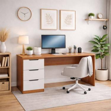 Imagem de Mesa para Escritório Madri 3 Gavetas Creme/Freijó - Politorno