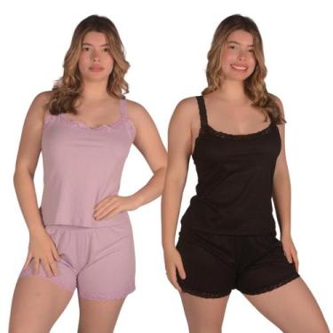 Imagem de Kit 2 Pijamas Feminino Malha Suede Canelado com Renda Baby Doll Verão 