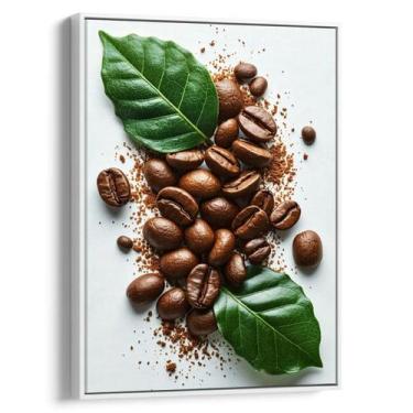 Imagem de Quadro decorativo Café Em Grãos Frescos Entre Folhas Naturais Verdes -