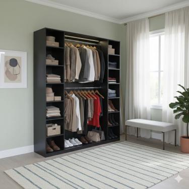 Imagem de Estante Armário Colmeia com 02 Cabideiros + 14 Nichos Expositor Organizador Closet Guarda Roupas Cor Preto