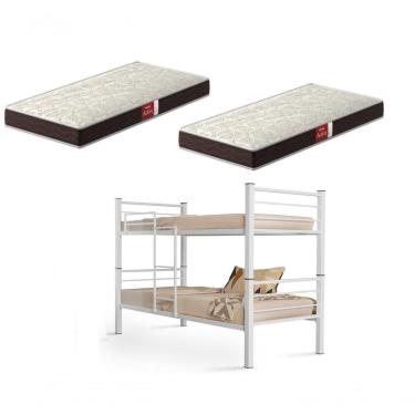 Imagem de Beliche Solteiro Cristal com Grade de Proteção, Escada e 2 Colchões D23 em Aço Branco