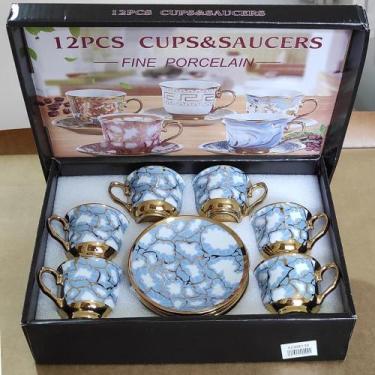 Imagem de conjunto com 6 xícaras e 6 pires em porcelana fina -AZUL Café com Sabo