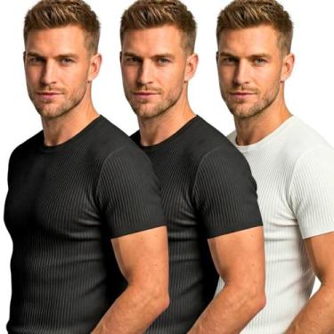 Imagem de Kit 3 Camisetas Masculinas Caneladas Slim Fit Manga Curta Academia Tre