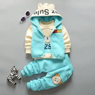 Imagem de Conjunto Infantil Bebê De Moletom Frio Inverno 3 Peças Calça Camisa e 