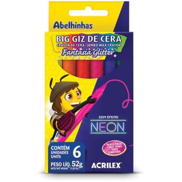 Imagem de Giz de Cera Acrilex Big Gis Neon Gliter 52g com 6 Cores Neon Glitter Atóxico