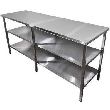 Imagem de Mesa de Aço Inox Industrial 180x70x90 cm com 2 Prateleiras Plano Liso 