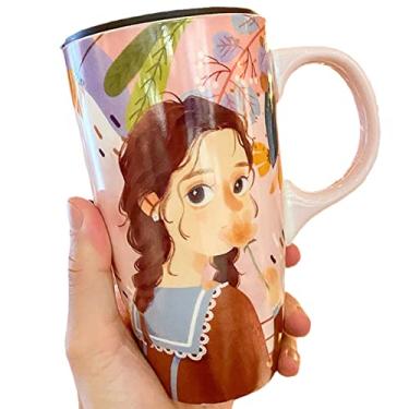 Imagem de Caneca de menina da floresta com tampa com pintura de cerâmica xícara de café caneca de leite desenho animado xícara de chá para escritório casa (tranças menina rosa)