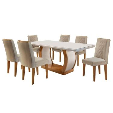 Imagem de Conjunto de Mesa de Jantar com Tampo de Vidro e 6 Cadeiras Maia Linho Bege e Imbuia