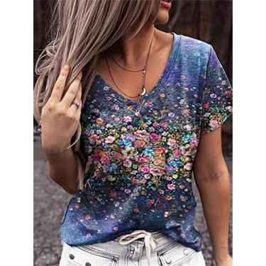 Imagem de yeacher Camiseta feminina abstrata estampada em 3D floral com decote em V manga curta top verão rua camiseta ysx9003 azul escuro L
