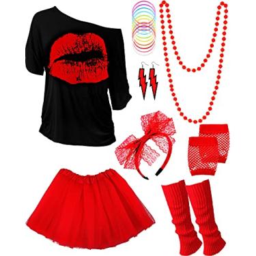 Imagem de Fantasia feminina dos anos 80 com acessórios, camiseta, saia tutu para festa temática de Halloween, Vermelho, Small