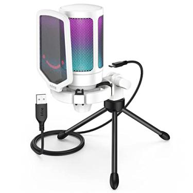 Imagem de FIFINE Microfone USB, microfone para laptop de mesa de gravação de jogos para PC, microfone condensador para podcasting de transmissão RGB para jogos on-line, vocal, com botão mudo- A6V branco