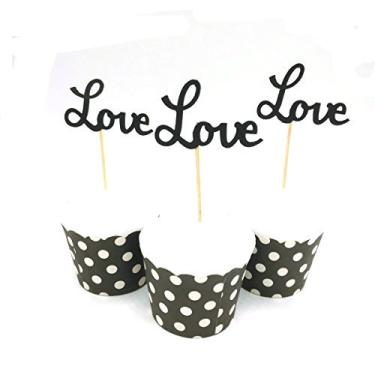 Imagem de Hemarty 24 peças Toppers de cupcake amor preto para casamentos, cupcakes, Dia dos Namorados, aniversários, aperitivos, cavaletes, palhetas de comida