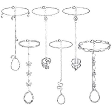 Imagem de Fumete 6 peças, pulseira de dedo ligada com strass, corrente escrava com anel, joia do dia a dia para mulheres, Adjustable, Esmalte, Liga, strass