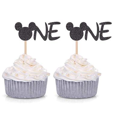 Imagem de Decorações de festa de aniversário para bebês com estampa de Mickey Mouse Inspirado em cupcake com glitter preto 24 unidades