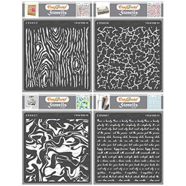 Imagem de CrafTreat Estêncis de padrão reutilizável para pintura em madeira, tela, papel, tecido, piso, parede e azulejo - madeira, rachaduras, mármore e escrita - 4 peças - 15 x 15 centímetros cada - Estêncil