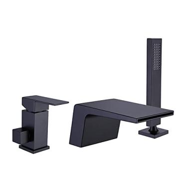 Imagem de LIDON Cachoeira Torneira de Banheira 3 Furos Torneira de Enchimento de Banheira de Montagem no Deck Torneira de Banheira de Latão Torneira Misturadora de Chuveiro de Mão e Mangueira de Chuveiro, Alça única, Água Quente e Fria, Cromado (Cor: Preto)