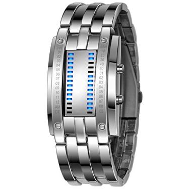 Imagem de Relógio digital masculino de matriz binária, LED azul, clássico, criativo, moderno, banhado de preto, Prata