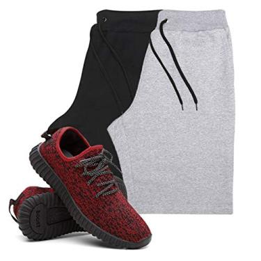 Imagem de KIT 2 Bermudas Masculina Moletom Conforto + Tenis Masculino Academia YZI - Bermudas Preto/Cinza G - Tenis Vermelho - 38