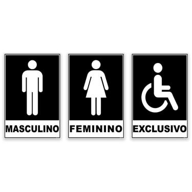 Imagem de Kit 3 Placas Banheiro Masculino Feminino Cadeirante 20x15cm