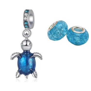 Imagem de Berloque Tartaruga + par de Muranos - Cabe em pulseira Pandora e Vivara para Berloques de Prata 925 (azul)