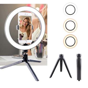 Imagem de Ring Light Iluminador Selfie Makeup + Tripé De Mesa Luz Led 6 Polegada