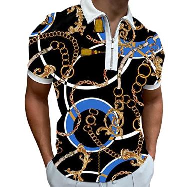 Imagem de Pulôver Top masculino Muscle Turn Down Collar Shirts Slim Fit Manga Curta Floral Impressão 3D Camisetas Masculinas, Preto, P