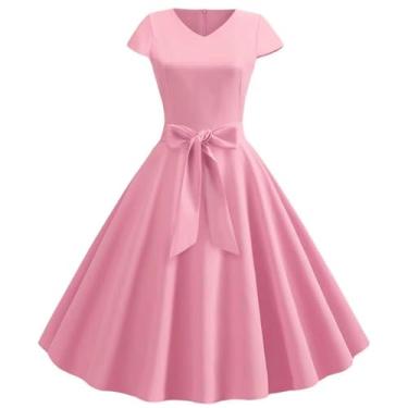 Imagem de RuuTe Vestido feminino de verão com cinto de manga curta e gola redonda para festa, rosa, XXG
