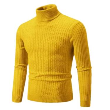 Imagem de KANG POWER Suéter quente de gola rolê outono inverno suéter masculino pulôver fino suéter masculino malha camisa inferior, Amarelo, X-Large