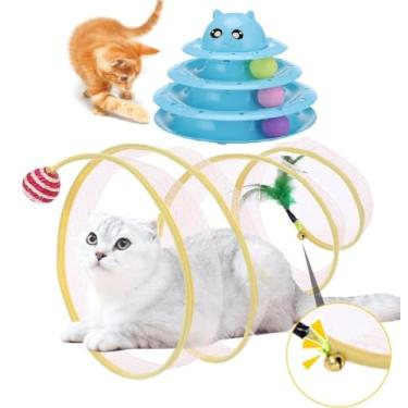 Imagem de 2 Brinquedo Para Gato Torre + Tunel Labirinto Interativo Pet (Torre Gatinho Azul + Túnel Mola Maluca)