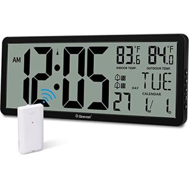 Imagem de Geevon Relógio atômico, relógio de parede digital grande de 35 cm operado por bateria com despertador duplo, temperatura interna e externa, 11 dígitos jumbo, dia e data para idosos em casa, quarto,