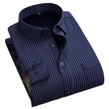 Imagem de Camisa masculina xadrez listrada de inverno quente manga longa masculina casual forrada macia de pelúcia, Listra azul marinho, XXG