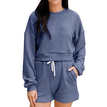 Imagem de Conjunto de dois conjuntos de roupas femininas primavera outono sólido gola redonda manga longa pulôver top elástico cintura alta conjunto curto conjunto, Azul, Small