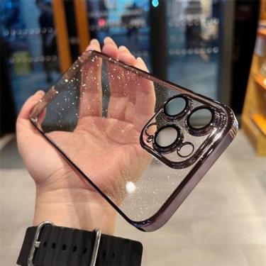 Imagem de Luxo transparente bling glitter chapeamento caso de telefone para iphone 14 plus 13 12 pro max plástico duro à prova de choque capa fina, preto, para iphone 14