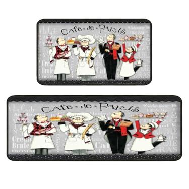 Imagem de Tapetes de cozinha pretos Fat Chef, conjunto de 2 peças para tapete de chão, antiderrapante, lavável, absorvente de microfibra, tapete de cozinha de chef gordo para na frente da pia para ficar em pé