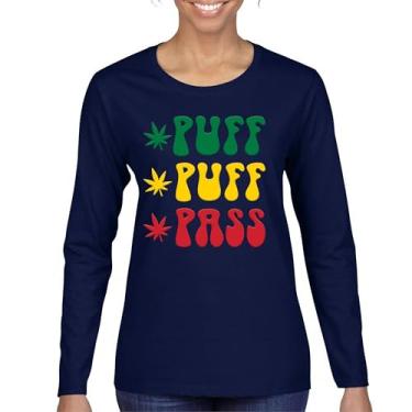 Imagem de Camiseta feminina manga longa Puff Puff Pass 420 Weed Lover Pot Leaf Smoking Marijuana Legalize Cannabis Funny High Pothead, Azul marinho, M