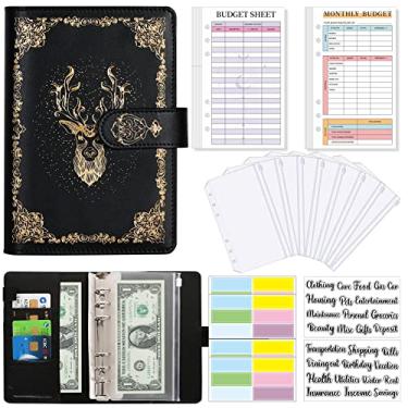 Imagem de Fichário de orçamento, fichário de couro PU A6, organizador de dinheiro, envelope de dinheiro, planejador de orçamento com 8 envelopes com zíper, 24 folhas de orçamento de despesas e 6 adesivos para orçamento, economizando dinheiro