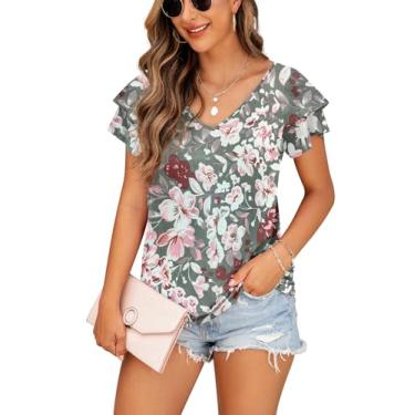 Imagem de FREEOAK Camisetas femininas de verão com manga de renda dupla e gola V solta casual, Z - azaléia cinza, XXG