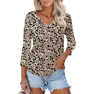 Imagem de KTILG Camisetas femininas com gola V, manga 3/4, blusas de verão, elegantes, casuais, lisas, básicas, Floral preto damasco, GG