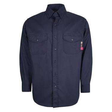 Imagem de KONRECO Camisas masculinas FR 184 g uniforme de trabalho leve resistente a chamas camisa de soldagem/repelente de água e manchas, Botões marinhos, M